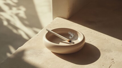 Close-up of a ceramic ashtray with a smoldering cigarette, creating a laid-back studio vibe.