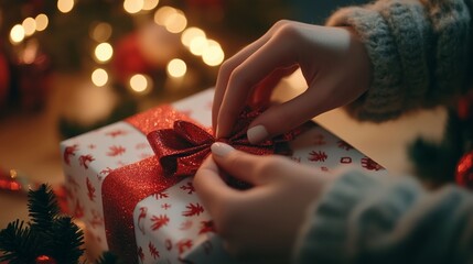 Close-up of hands tying a red ribbon on a festive Christmas gift package with lights in the background.