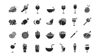 This vector set of hand-drawn icons features illustrations of food, coffee, drink cups, and cake symbols in a black design collection
