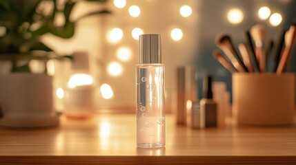Transparent hair serum bottle on a wooden table with blurred lights in the background.