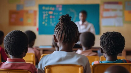 Group of children sitting in a classroom, focused on a teacher at the front, engaging in primary education and learning.