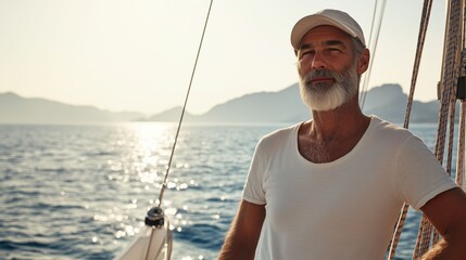 Bearded man in a cap on a yacht gazing at the sea, enjoying the seascape and freedom.