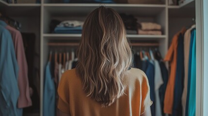 Woman from behind choosing clothes from a wardrobe, symbolizing choice and style.