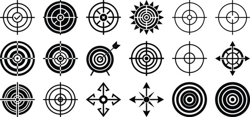 Collection of crosshair and target icons set with bullseye aim arrows direction radar symbol isolated on white