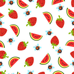 Playful seamless pattern with strawberries, watermelon slices, and cute cartoon bees on a white background. Fresh, fruity, and fun – perfect for summer-themed designs.