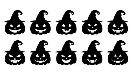 Set of black pumpkins in hats silhouette on tranparent background