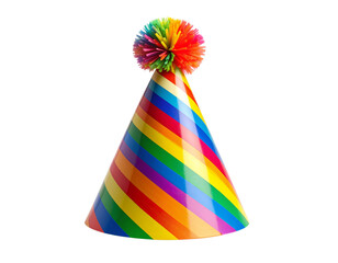  Front View of Rainbow Striped Cone Party Hat with Pom-Pom, isolated on white background