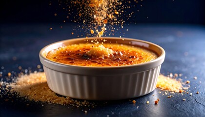 The surface of crème brûlée cracks dramatically, sugar shards flying in warm, molten motion.