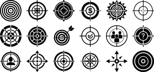 Target and aim icon set, crosshair, bullseye vector, precision, accuracy, precision symbols collection.