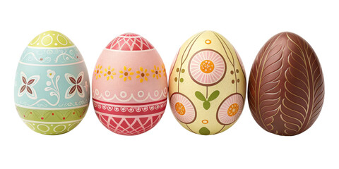 Fototapeta premium Four Decorated Easter Eggs, Isolated on Transparent Background, Spring, Holiday, Festive, Easter eggs, spring, holiday