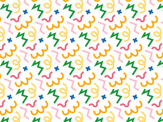 Colorful Seamless Pattern in Retro Memphis Style-Colorful abstract background with geometric shapes, squiggles, and confetti for party invitations or wrapping paper.