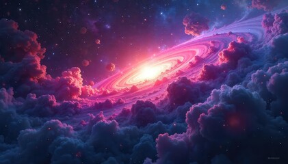 A breathtaking panoramic view of a vibrant nebula, swirling gases, and distant galaxies Perfect for science fiction, astronomy, or space exploration projects , cosmic rays, orange