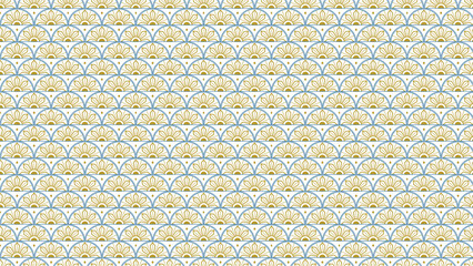 A repeating pattern of stylized suns in gold and blue arranged in rows on a white background