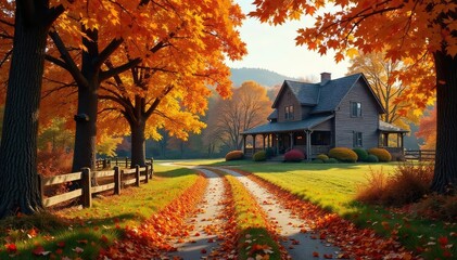 A charming autumn lane, leaves ablaze with color, leading to a rustic farmhouse, hinting at a Thanksgiving feast Perfect for Thanksgiving, autumn, fall, harvest, rural scenes , pathway, home, autumn