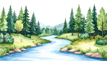 Illustration with pine trees and snow on white background