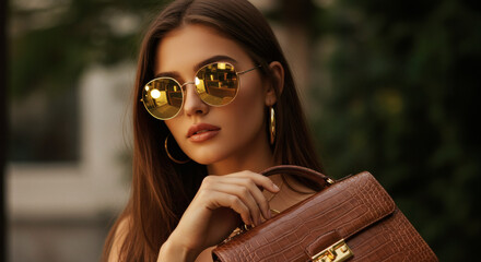 Stylish Woman with Brown Leather Handbag and Gold Sunglasses Outdoors