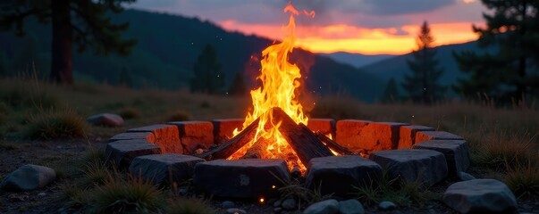 A crackling fire burns brightly in a rustic stone circle, embers glowing intensely against the darkening twilight sky Perfect for themes of ritual, nature, warmth, and wilderness , rustic, bonfire