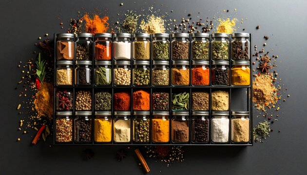 Aromatic Spice Collection: An eye-level shot showcases a curated collection of assorted herbs and spices, each meticulously housed in individual glass jars against a sleek, dark background. 