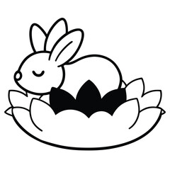 Cute black and white line art illustration of a sleeping bunny in a flower