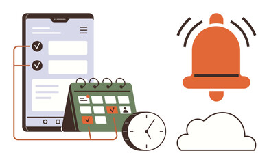 Smartphone displaying tasks, calendar with checkmarks, clock symbolizing scheduling, notification bell, and cloud represents organization. Ideal for productivity, time management, deadlines