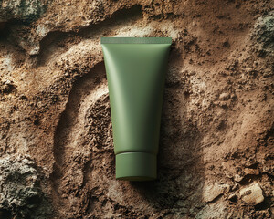 Greenery cream tube lies on brown ground. Horizontal mockup of organic cosmetics. Top view of matte plastic packaging, prehistoric or biophilic theme