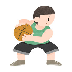 バスケットボールを持って踏ん張る男性のデフォルメイラスト
