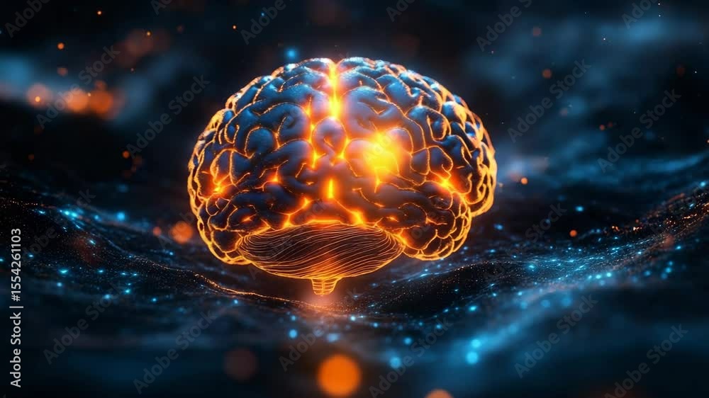 Poster digital brain with glowing neural network and data conceptual visualization