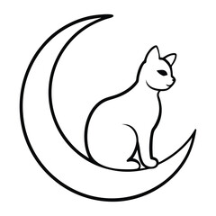 Stylized black line drawing of a cat sitting on a crescent moon