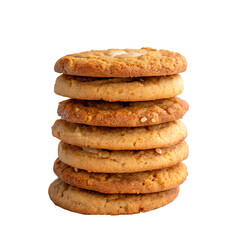 A single tall stack of warm, homemade peanut butter cookies with a crisscross pattern isolated on a transparent background png