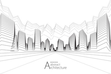 3D illustration of an abstract urban landscape featuring imaginative architectural line art.