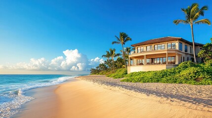 Beachfront house with lush landscaping.