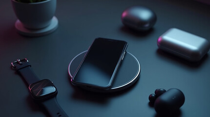 A smartphone wirelessly charges next to a smartwatch and earbuds
