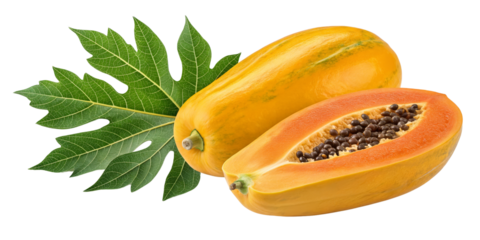 Papaya Fruit with Leaf, Isolated on Transparent Background, Photorealistic Render, Tropical Food, Papaya, Tropical Fruit, Food Photography