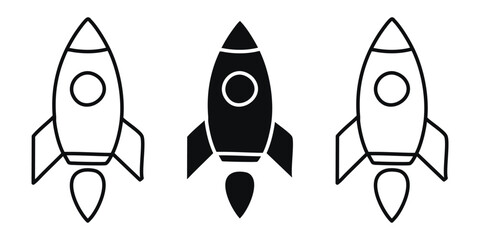 Rocket Launch startup web Icons: Set of three rocket icons in black and white, simple vector illustration on white, symbolizing space exploration, startup success, and technological advancement.