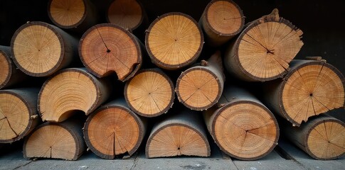 Fototapeta premium A stack of dry firewood, ready for a bonfire, shows the natural texture and color variations of the wood Perfect for winter themes, cozy evenings, and outdoor activities , forest, camping, flame