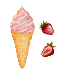Strawberry soft serve ice cream in waffle cone with fresh whole and sliced strawberries. Watercolor food drawing. Hand-painted in realistic style on white background. Perfect for menus and prints.