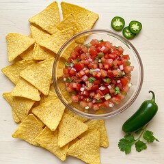 A fresh, chunky tomato salsa, bursting with red, green, and white colors, served in a clear glass bowl. Golden, salted corn chips are arranged in a dynamic pattern around the bowl 