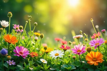 Obraz premium A sun-drenched scene of vibrant summer flowers and herbs, commonly used in homeopathic remedies Perfect for illustrating natural health and wellness during the warm season , herbs, holistic, flowers