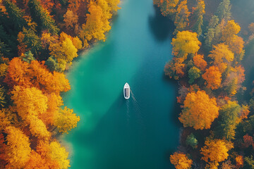 Autumn Foliage Surrounds a Tranquil Lake With a Solitary Boat Gliding Through Clear Waters