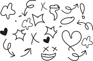 Hand drawn fun doodle icons set on white background, Vector illustration of various hand drawn doodle icons in black on white background. Includes fun hearts, arrows, faces, and playful sketch symbols