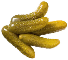 Whole pickles (pickled cucumbers) isolated on white background, top view.