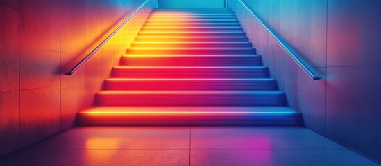 Fototapeta premium Red carpet leading up a staircase in a dark room, a luxurious way to success