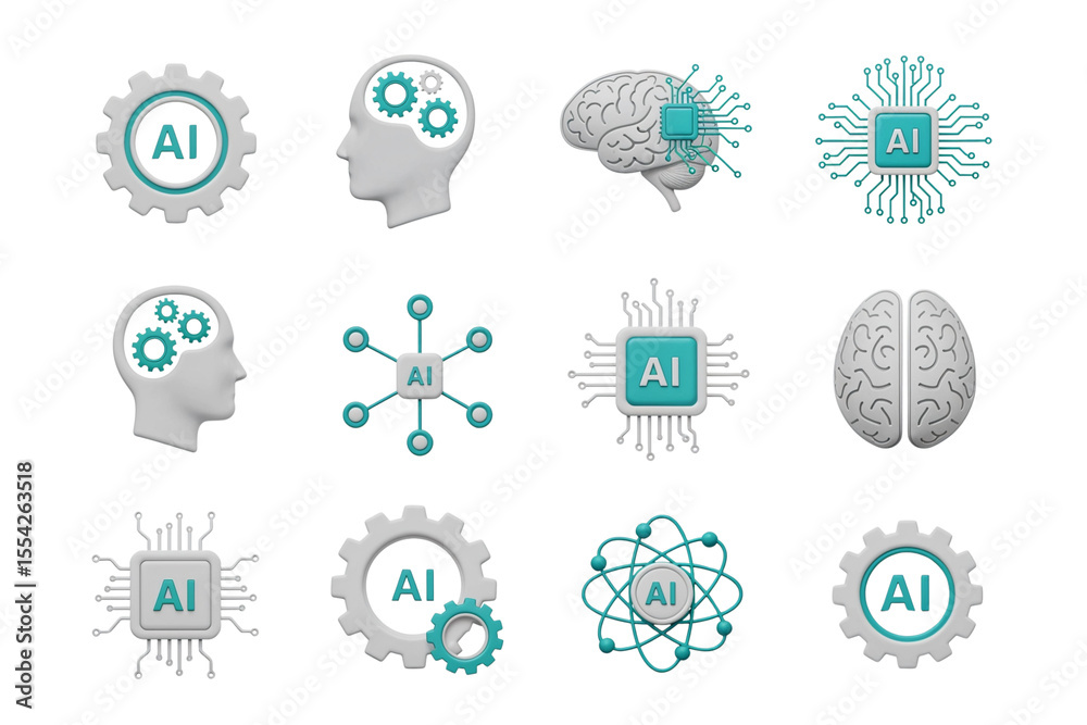 Fototapete a collection of twelve 3d rendered ai icons isolated on transparent background, showcasing various r