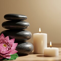 Fototapeta premium Stacked black stones with candles and pink lotus flower on wooden surface 