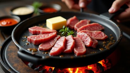 Sizzling Rare Beef Slices on Hot Grill with Butter and Sauces Gourmet Food