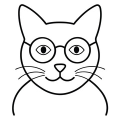 Simple black and white line drawing of a cute cat wearing round glasses