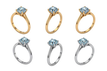 Six different views of a solitaire diamond ring in gold and silver settings, isolated on transparent background