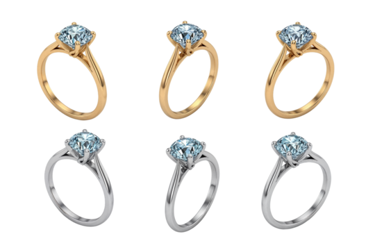 Six different views of a solitaire diamond ring in gold and silver settings, isolated on transparent background