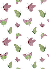 Pattern depicting stylized butterflies against a white background. 