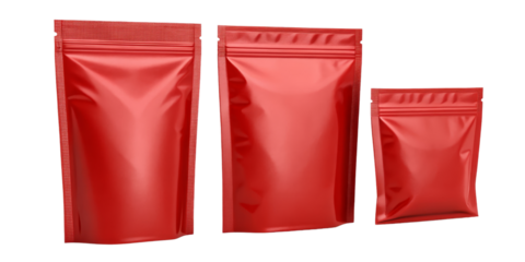 Red Stand-Up Pouches Mockup 3 Sizes, Isolated on Transparent Background, packaging, design, Pouch, Mockup, Packaging